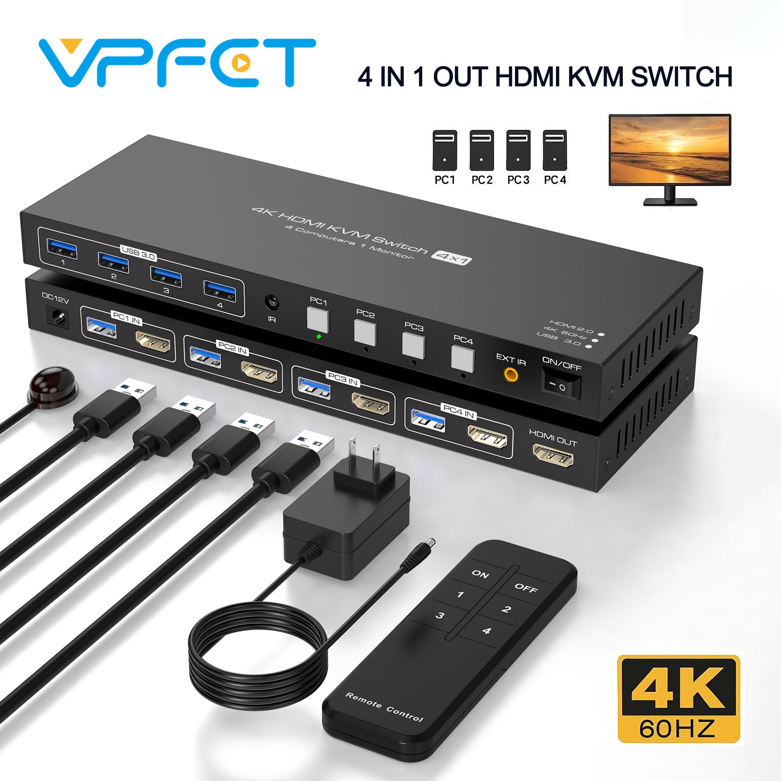 HDMI KVM スイッチ モニター 1 台 コンピューター 4 台 4K@60Hz KVM スイッチャー 4 PC 共有 モニター 1 台および USB3.0 デバイス 4 台 マウス キーボード プリンター