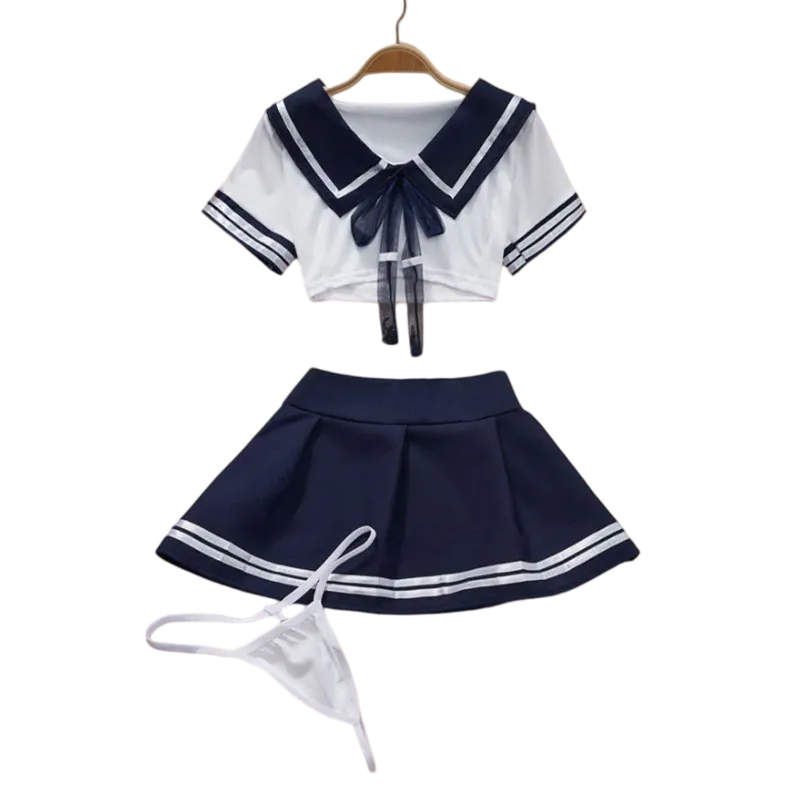 コスプレセクシーなランジェリーセット女性の 2 ピースネグリジェ学生制服セットショートトップクロッチレスドレスエロブラ寝間着