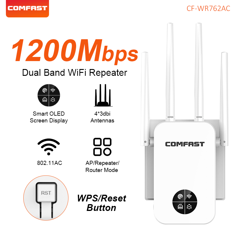 COMFAST WIFI5 1200Mbps WiFi リピーターホーム Wi-Fi 範囲エクステンダー Repetidor 2.4/5.8 グラム Wi-Fi 信号アンプスマートスクリーンディスプレイ
