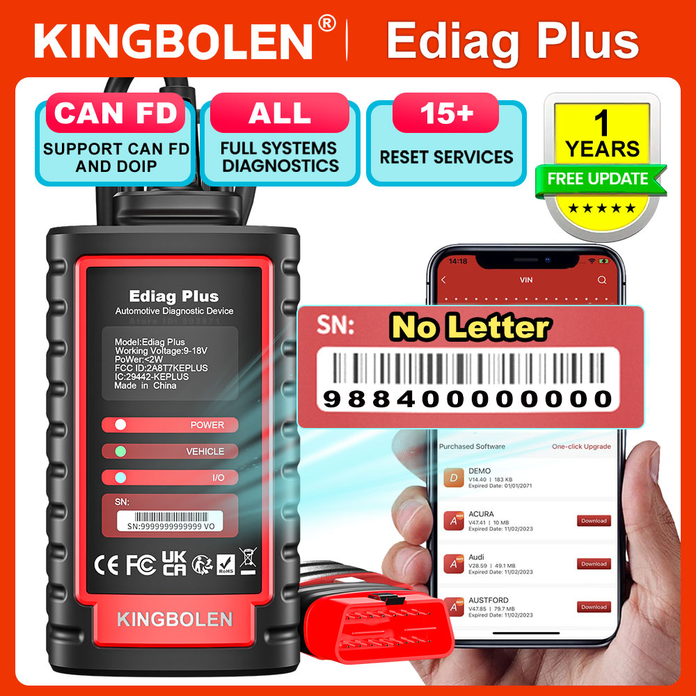 KINGBOLEN EDIAG Plus 全システム OBD2 診断スキャナー、CAN-FD プロトコル付きインテリジェント スキャン ツール、15 リセット、ECU コーディング