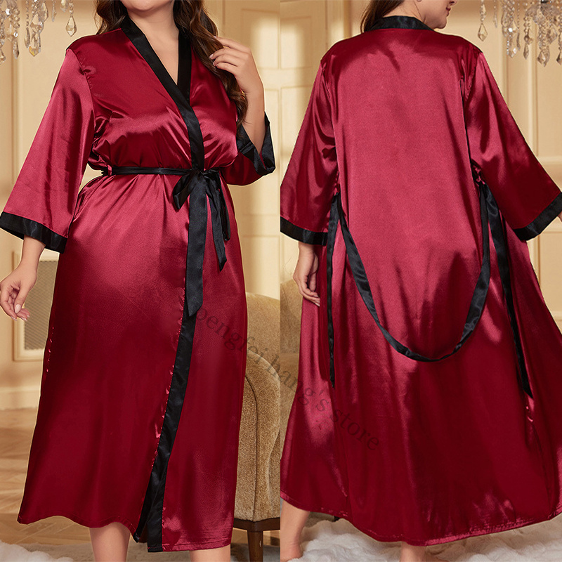 プラスサイズ 3Xl 4Xl 5Xl ローブ女性ロングサテン着物バスローブガウンプリントセクシーなホームウェアルーズパジャマネグリジェ夏の新しいローブ