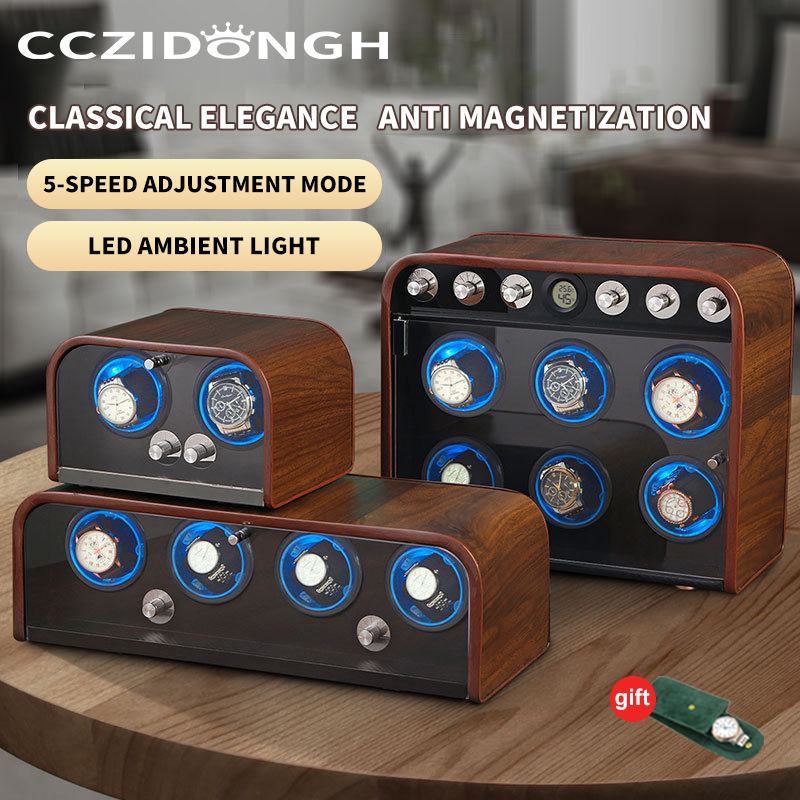 CCZIDONGH 自動時計ワインダー レトロ木製テクスチャ ブルー LED ライト ミュート モーター シェーカー自動時計ボックス