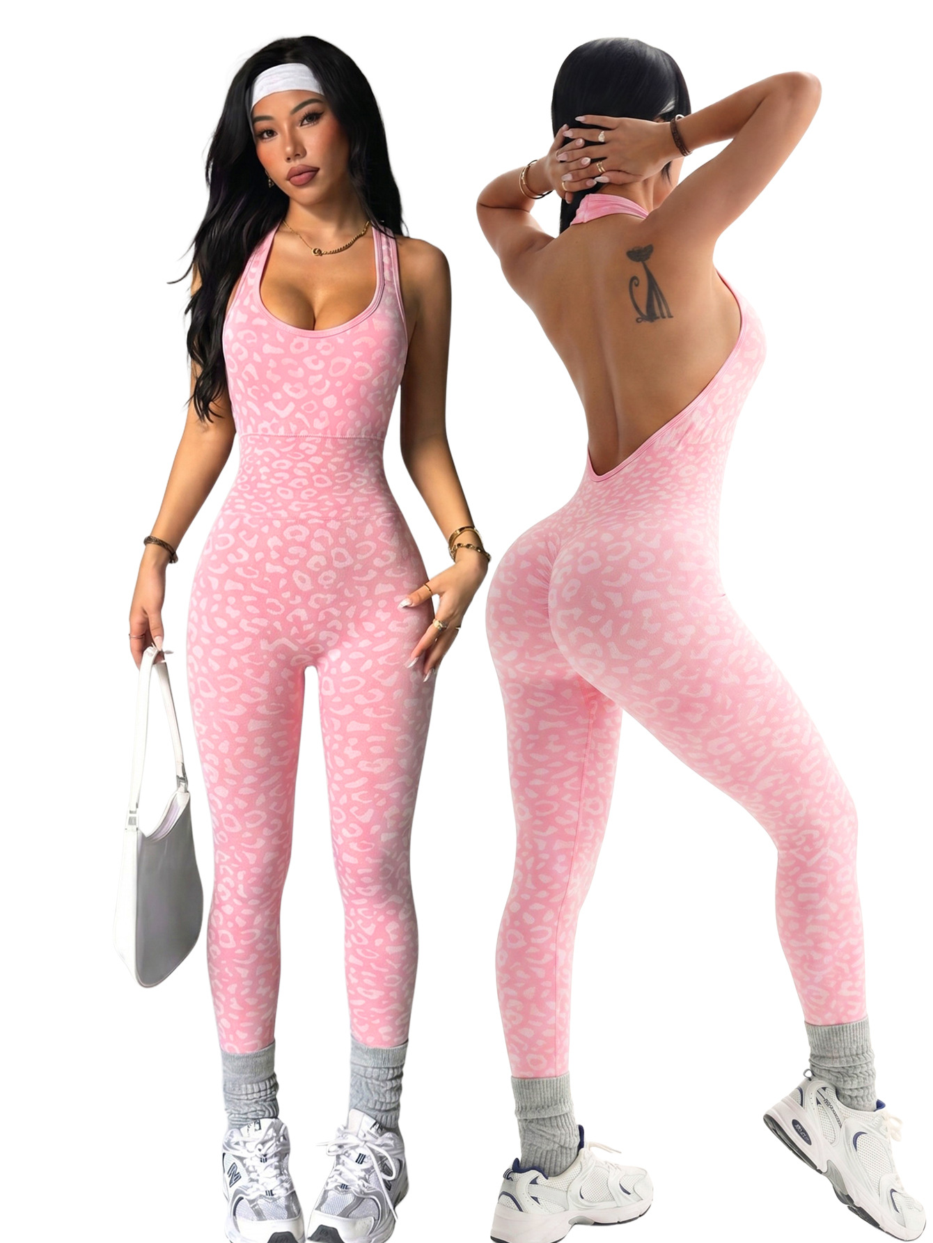 Leopard Print Yoga Jumpsuit, Sexy V-Neck Open Back Design for Yoga Fitness Dance