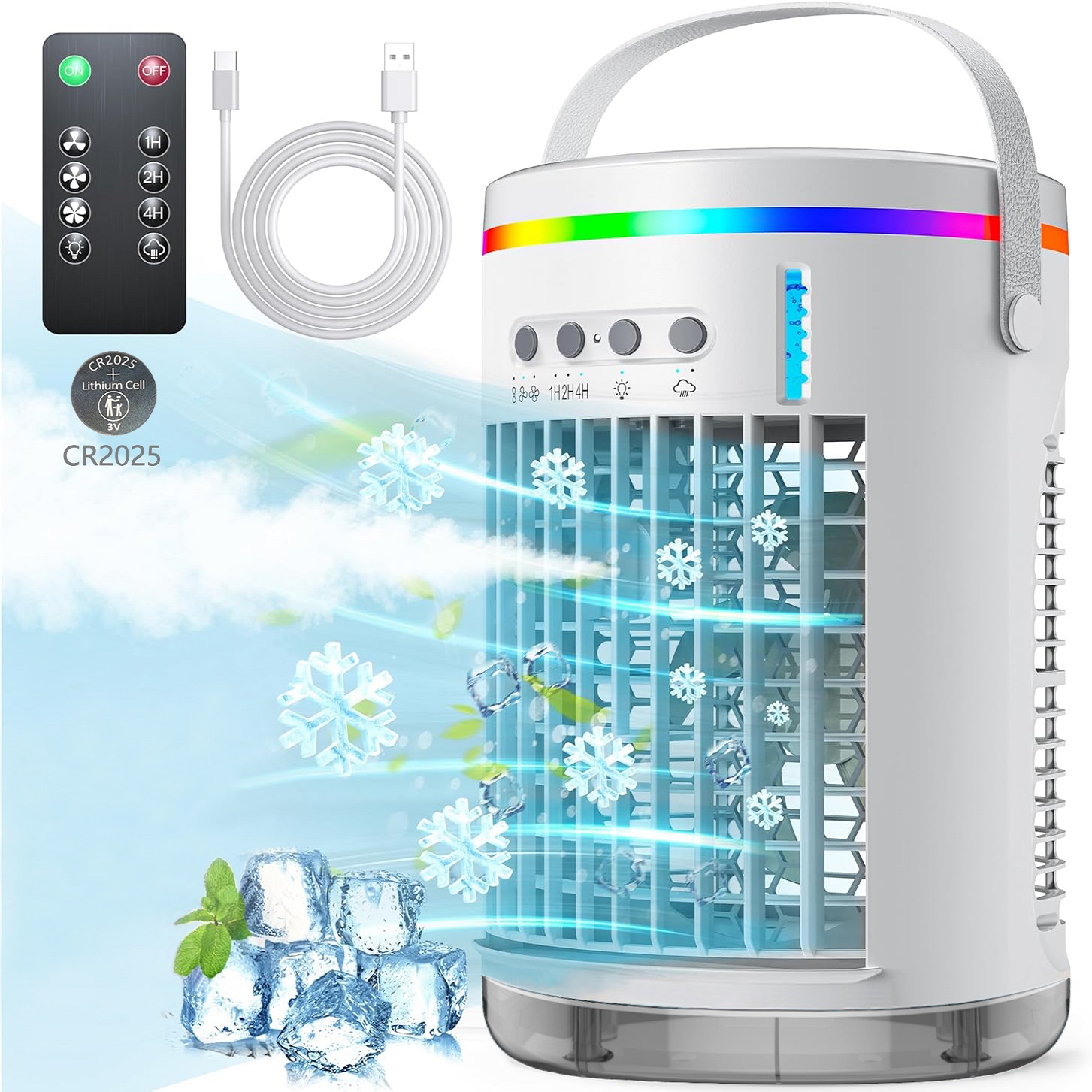 ポータブルエアクーラー、冷却ファン、エアコンファン、1400ml、3スピード、7色のライト付き、USB電源、部屋/オフィス/デスク用