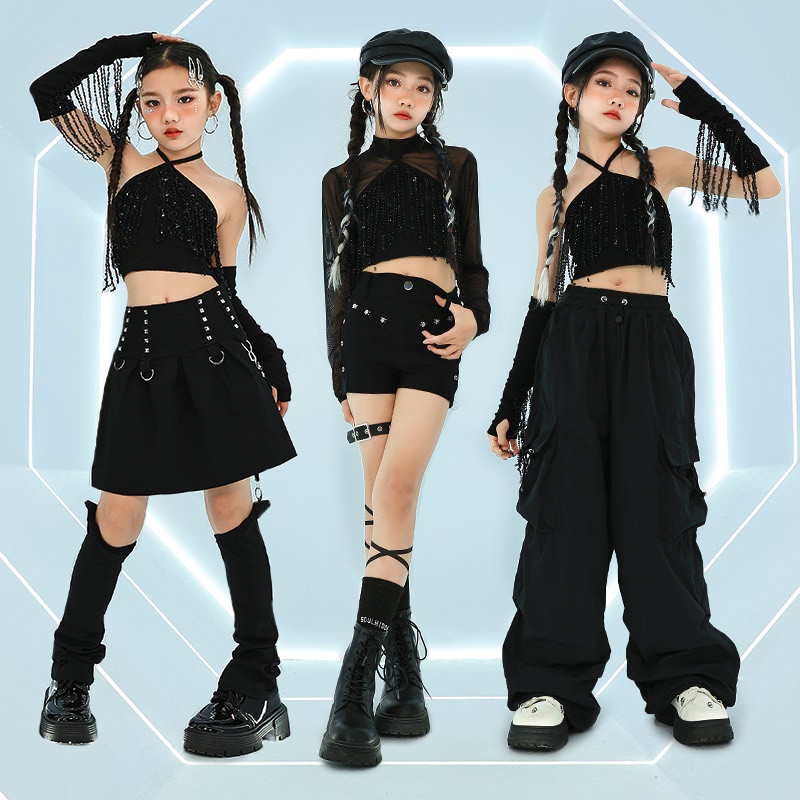 ガールズグループジャズダンス服子供黒トップスパンツチアリーディングダンスパフォーマンス衣装ティーンエイジャーヒップホップストリートダンススーツ