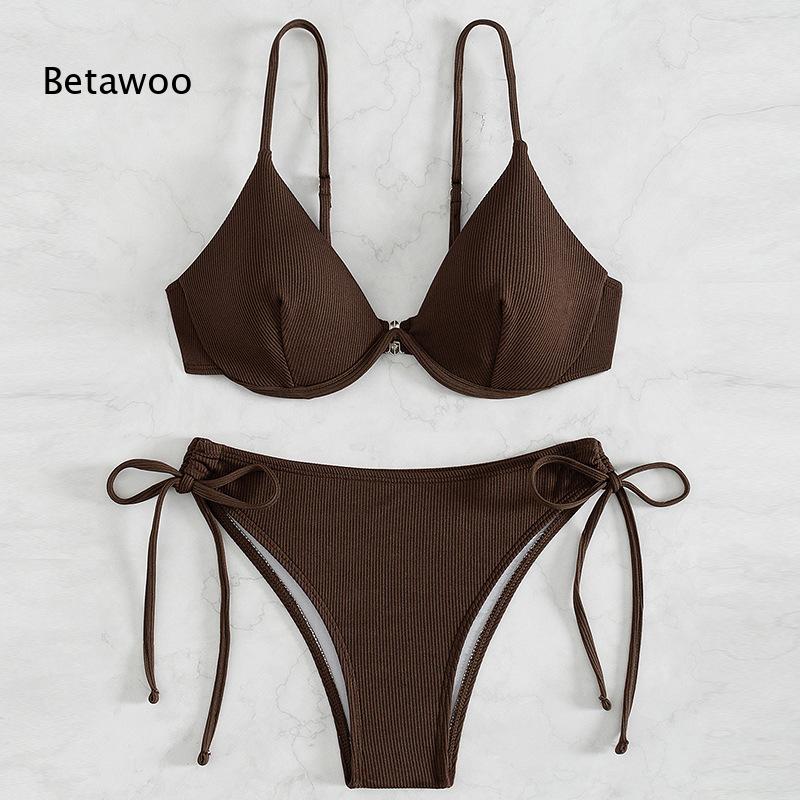 女性用リブビキニセット トライアングルトップ 調節可能なストラップと結ぶサイドボトム水着 サマービーチ水着 ツーピース