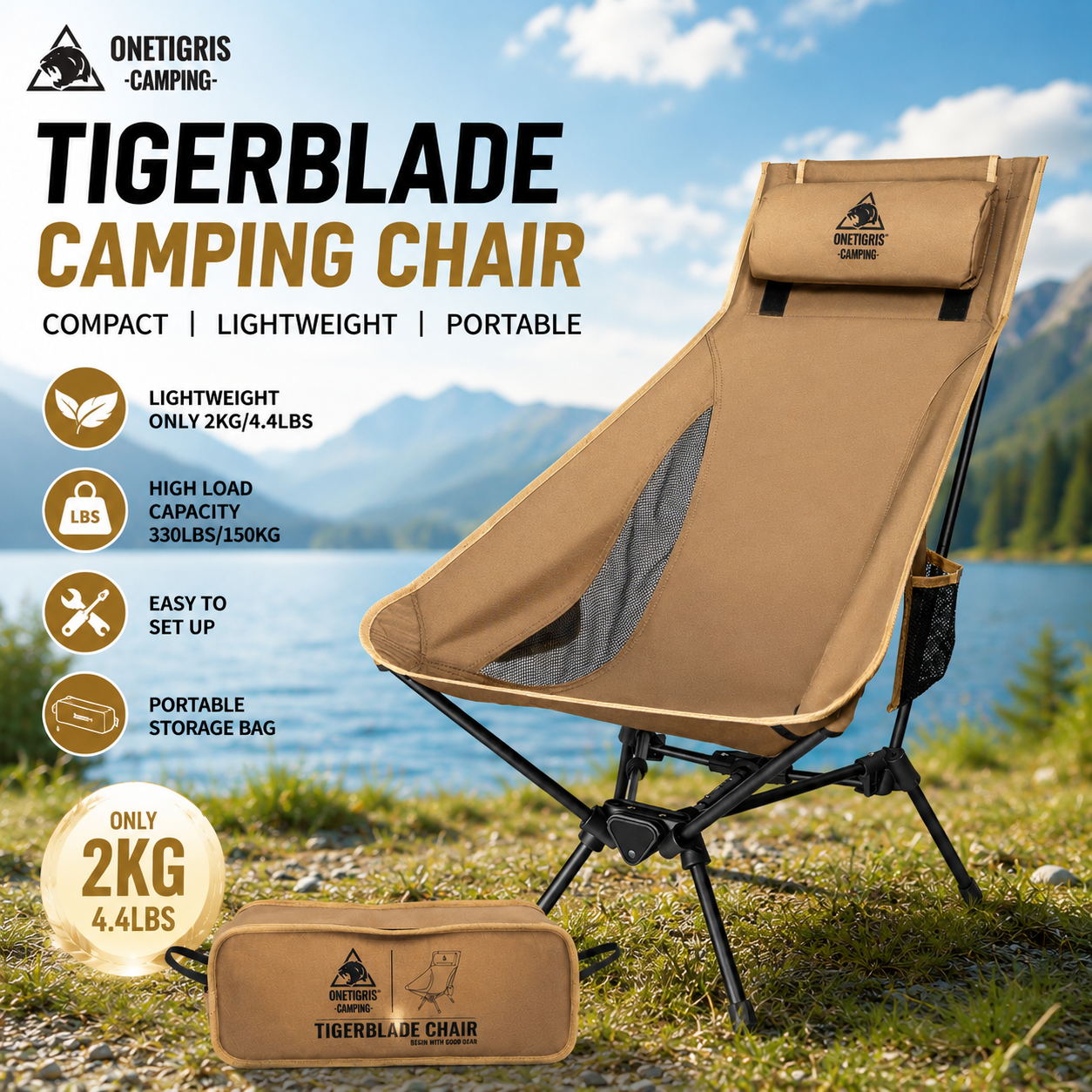 OneTigris ポータブル Tigerblade キャンプチェア屋外折りたたみ釣り椅子トレッキングバーベキューパーティーガーデニングビーチ屋内使用