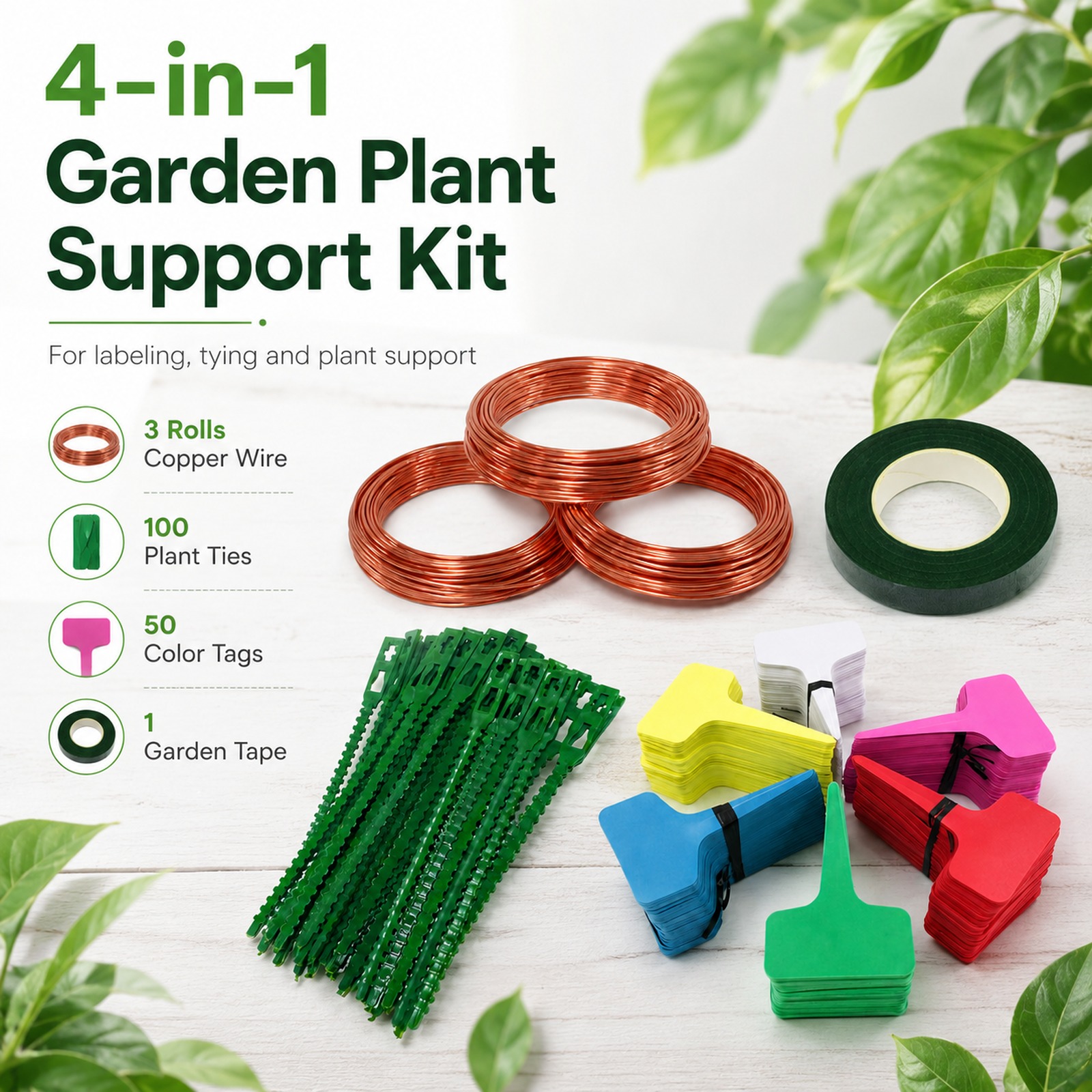 4-in-1 園芸植物サポートキット 3 ロール銅線付き 混合色の植物ラベル 50 枚 100 個 13cm 植物ネクタイと庭テープ