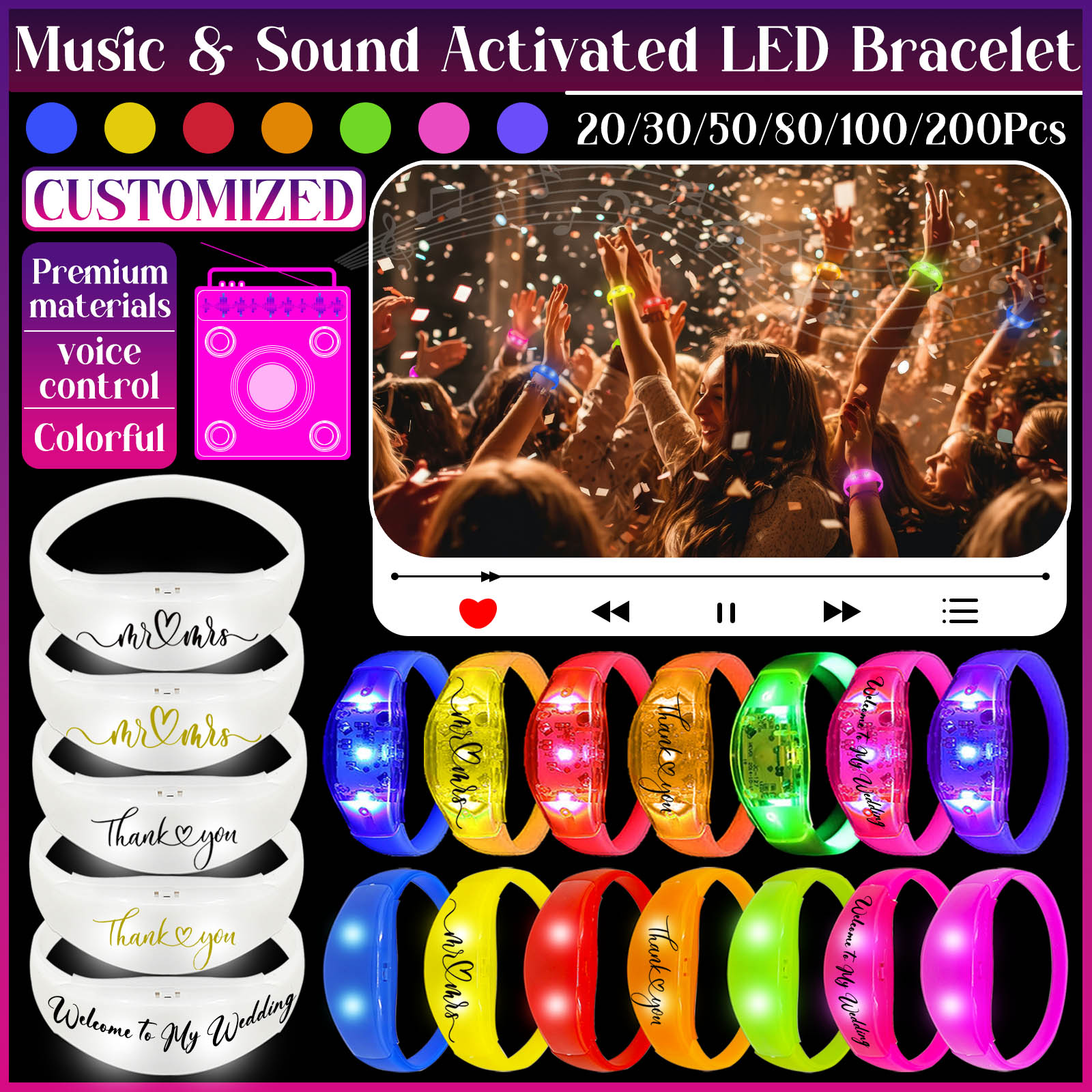 20-200 個の音楽とサウンド活性化 LED ブレスレットライトアップブレスレット暗闇でライトアップゲスト用ウェディングパーティーアクセサリー