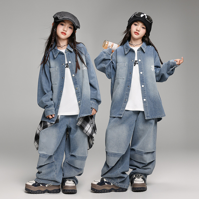 New Girls Street Dance Clothes Long-Sleeved Denim Shirt Hip Hop Suit Group Jazz Performance Costumes Ballroom Hip Hop Clothes