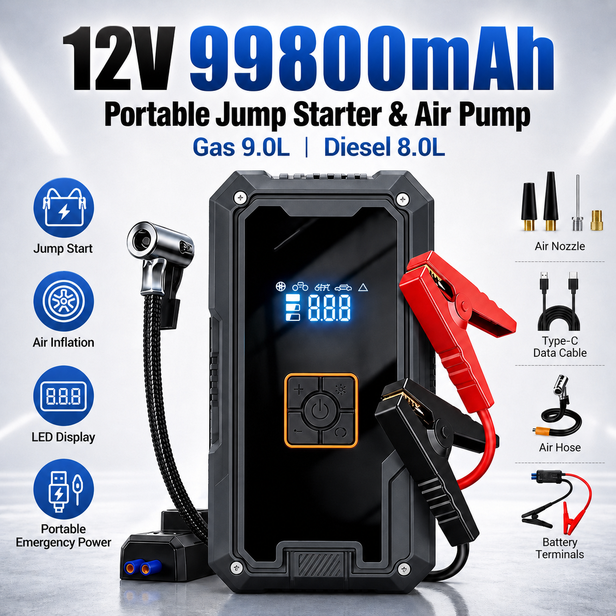 3000A 12V 車のジャンプスターターエアコンプレッサーパワーバンク 99800mah ピークポータブルバッテリースターター 150PSI エアポンプ LED ライト付き