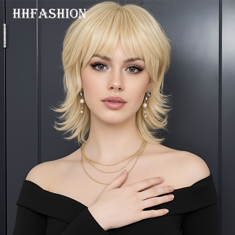 8インチ ゴールドボラ合成ウィッグ ふわふわレイヤードウルフヘアと前髪デザイン コスプレやパーティー用