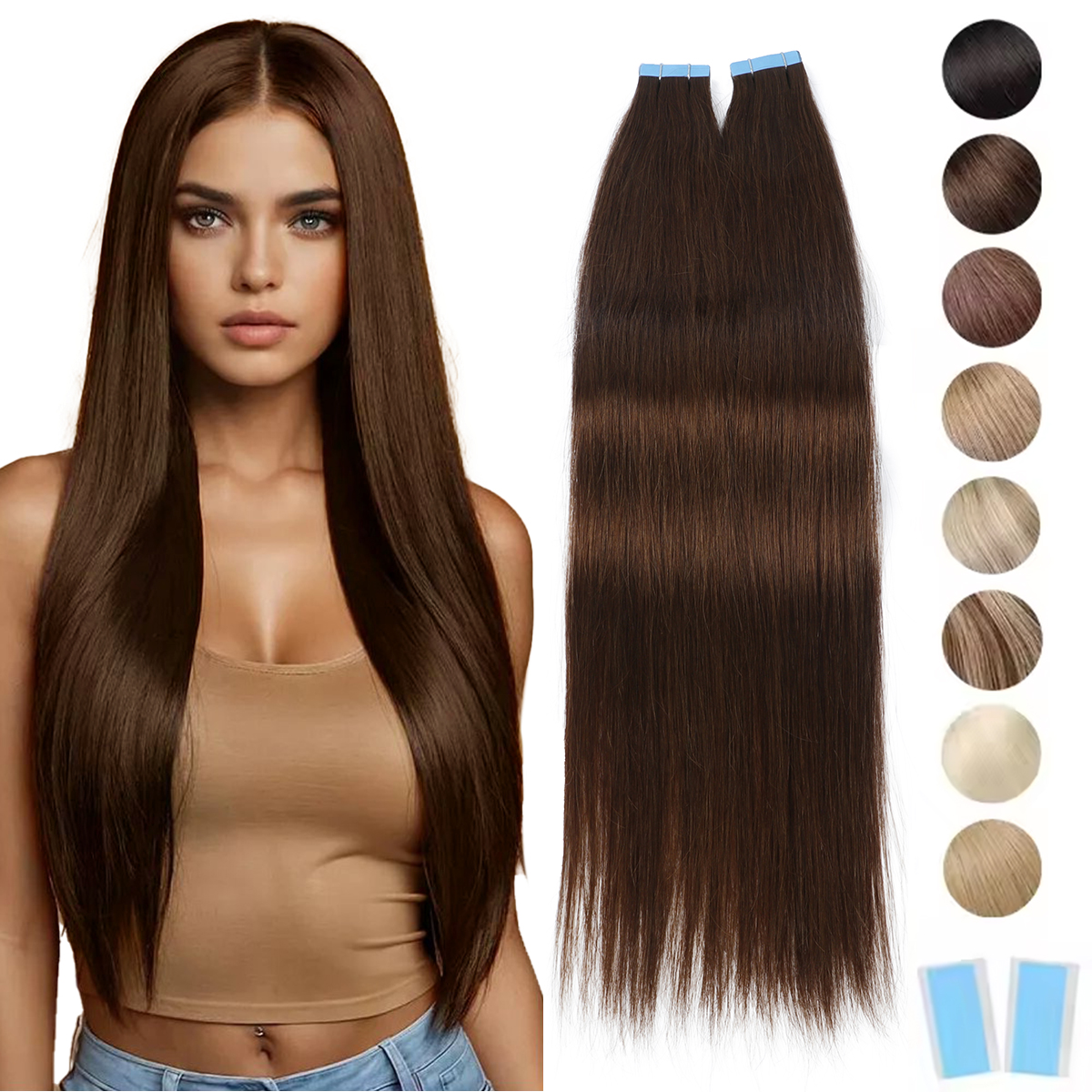 人間のヘアエクステンションのテープ ヘアエクステンションのブラウンのシームレステープ スキン横糸 PU テープオンヘア 12 "-24" マシンレミーテープイン