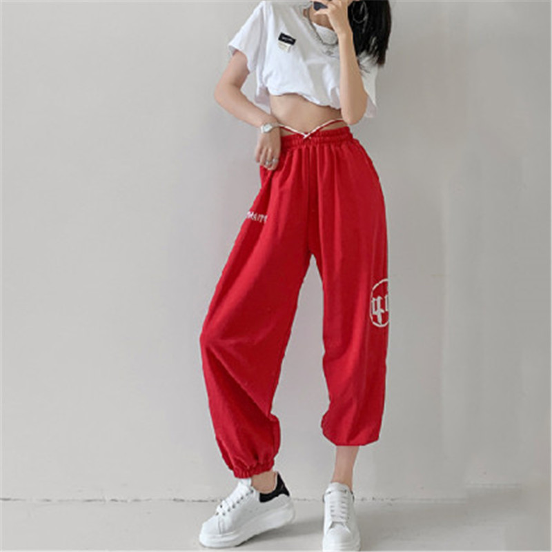 レッドカジュアルルーズ薄型スポーツパンツ女性ストリート Sle ヒップホップダンスパンツハイウエストポリエステル綿スパンデックスブレンド