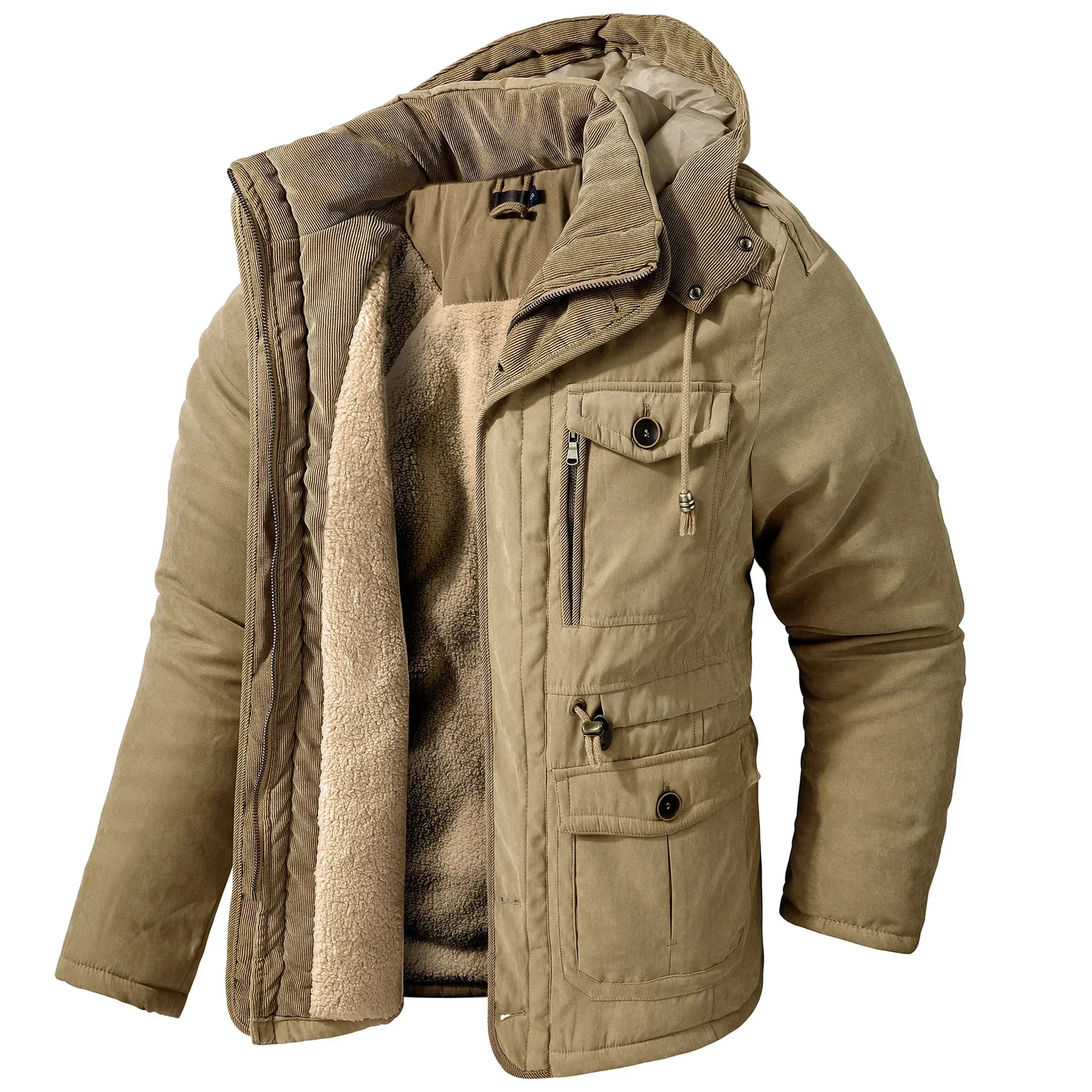 Men's Jacket WINTER Coats USA SIZE Large SIZE Lamb Fleece JACKETS Hooded Cotton Thickened Multi Pocket Casual Mid length Coat