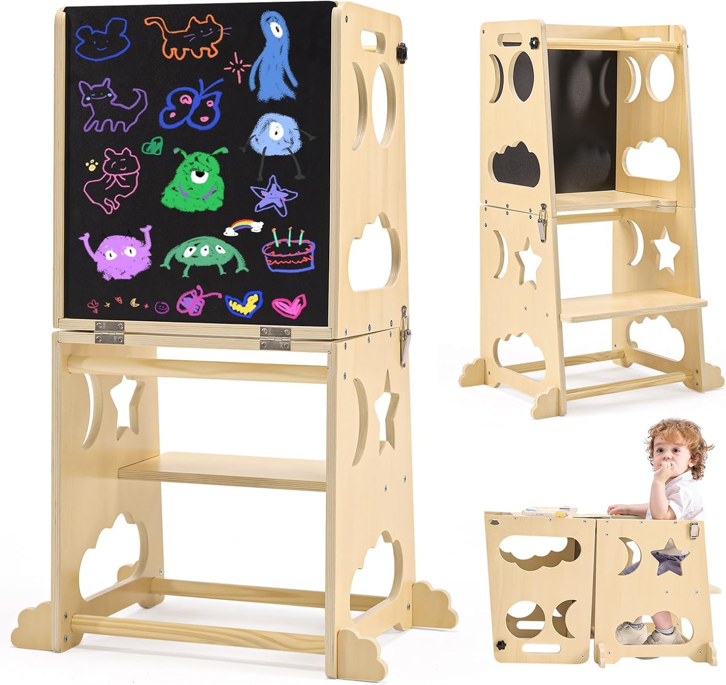 折りたたみ式幼児キッチンタワー、安全レール付きベビーモンテッソーリキッチンヘルパー、子供木製学習タワー調節可能なステップスツール