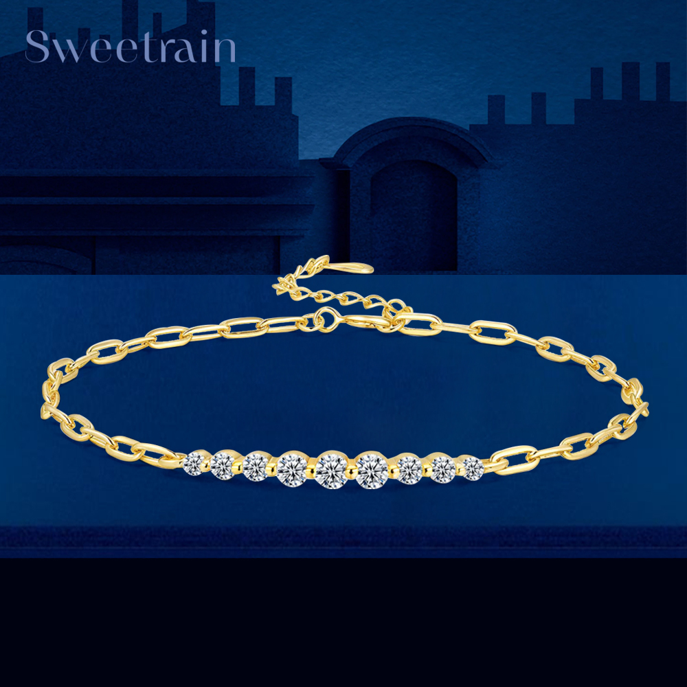 Sweetrain フルモアッサナイトブレスレット 女性用 調節可能なチェーン 925 スターリングシルバーメッキ 18K ゴールド 華奢なブレスレット GRA 認定