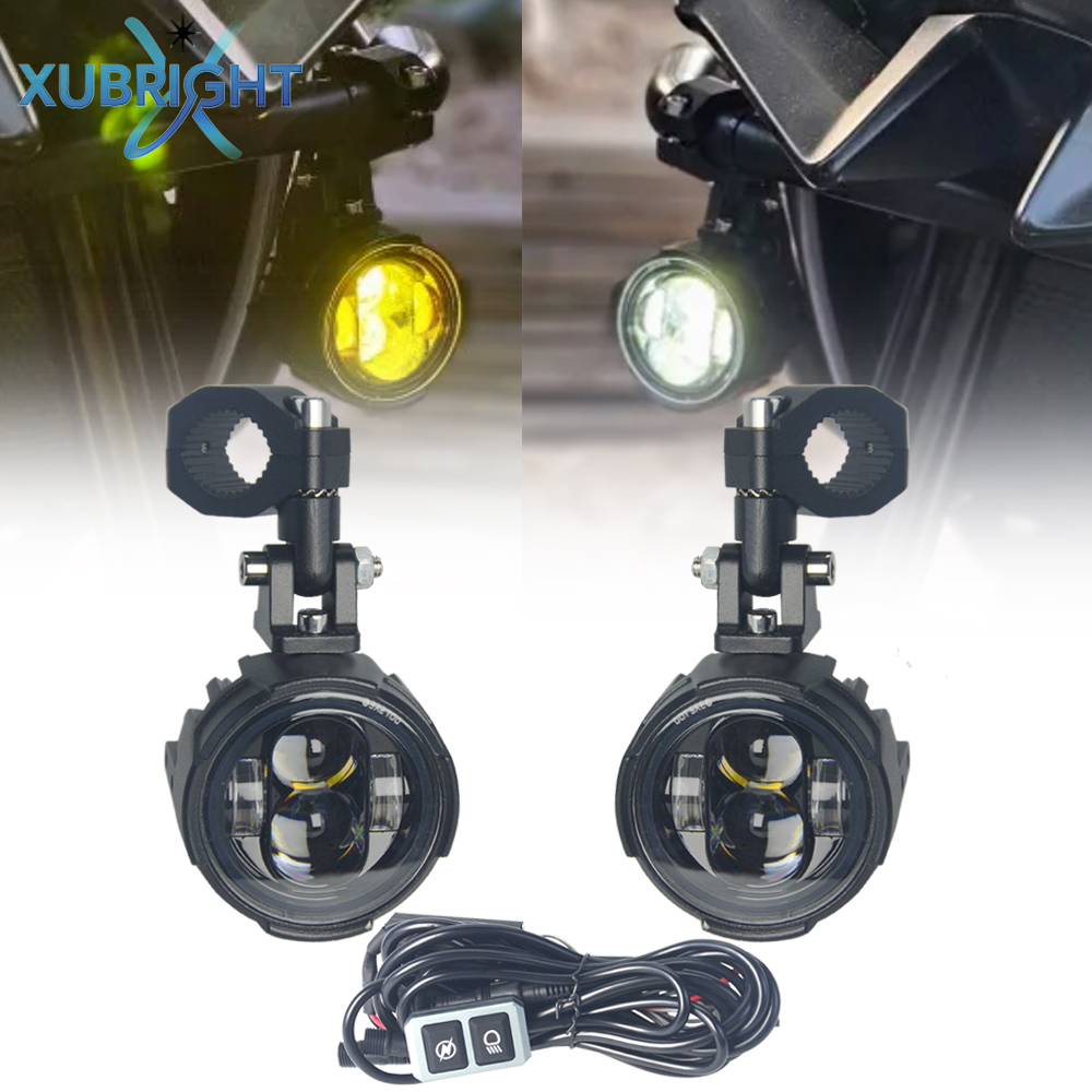 ペア 100W オートバイヘッドライトフォグランプ LED 補助ドライビングライトスポットライトヘッドランプデュアルカラーフラッシャーファロールモトフォグランプ。