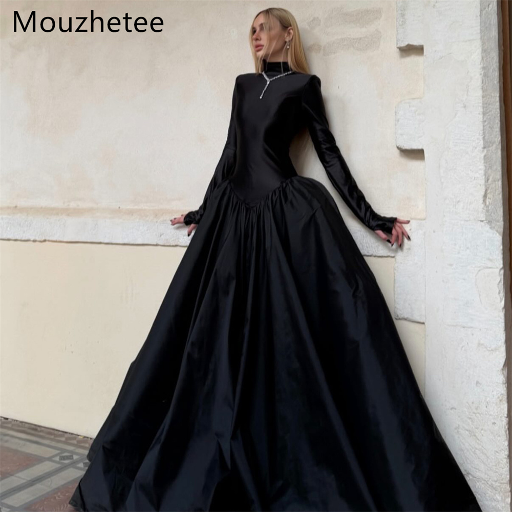 Mouzhetee A ライン O ネックブラックエレガントなイブニングドレスフォーマルドレス女性のためのプリーツシンプルなウエディングドレスカスタムメイド 2025