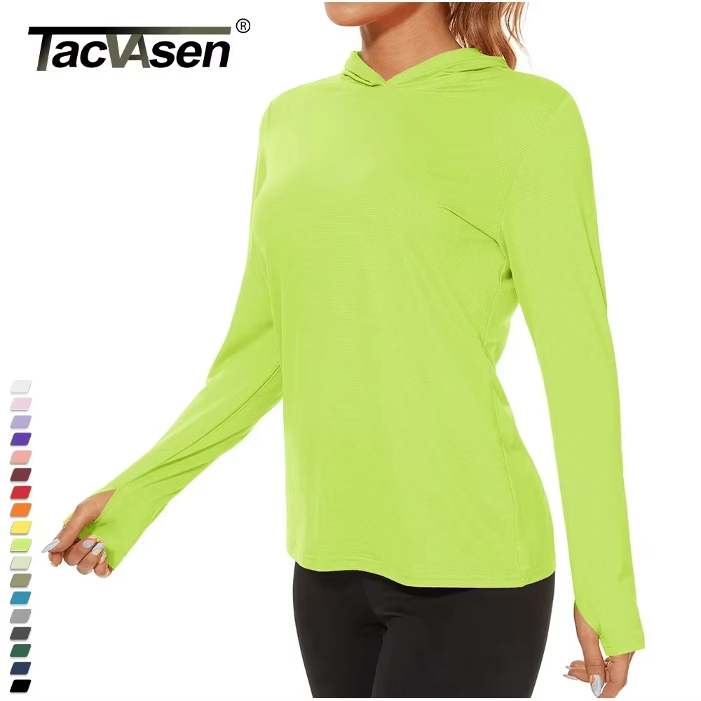 TACVASEN 夏 UV/日焼け防止屋外フード付き Tシャツ女性のパーカーシャツ UPF 50 長袖釣りハイキングアスレチックシャツ