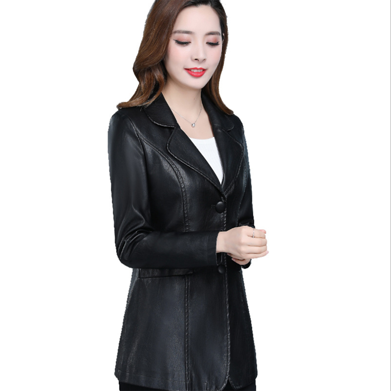 スリムフィット Pu レザージャケット女性秋冬ファッション模造革コート春オーバーコート女性スリムレザージャケット