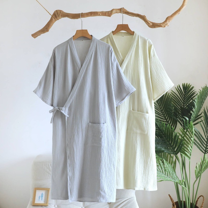 2026 Summer Women's New 100% Cotton Crepe Solid Color Drawstring Water Absorbing Short Sleeve Sleep Robe Thin Home Clothing