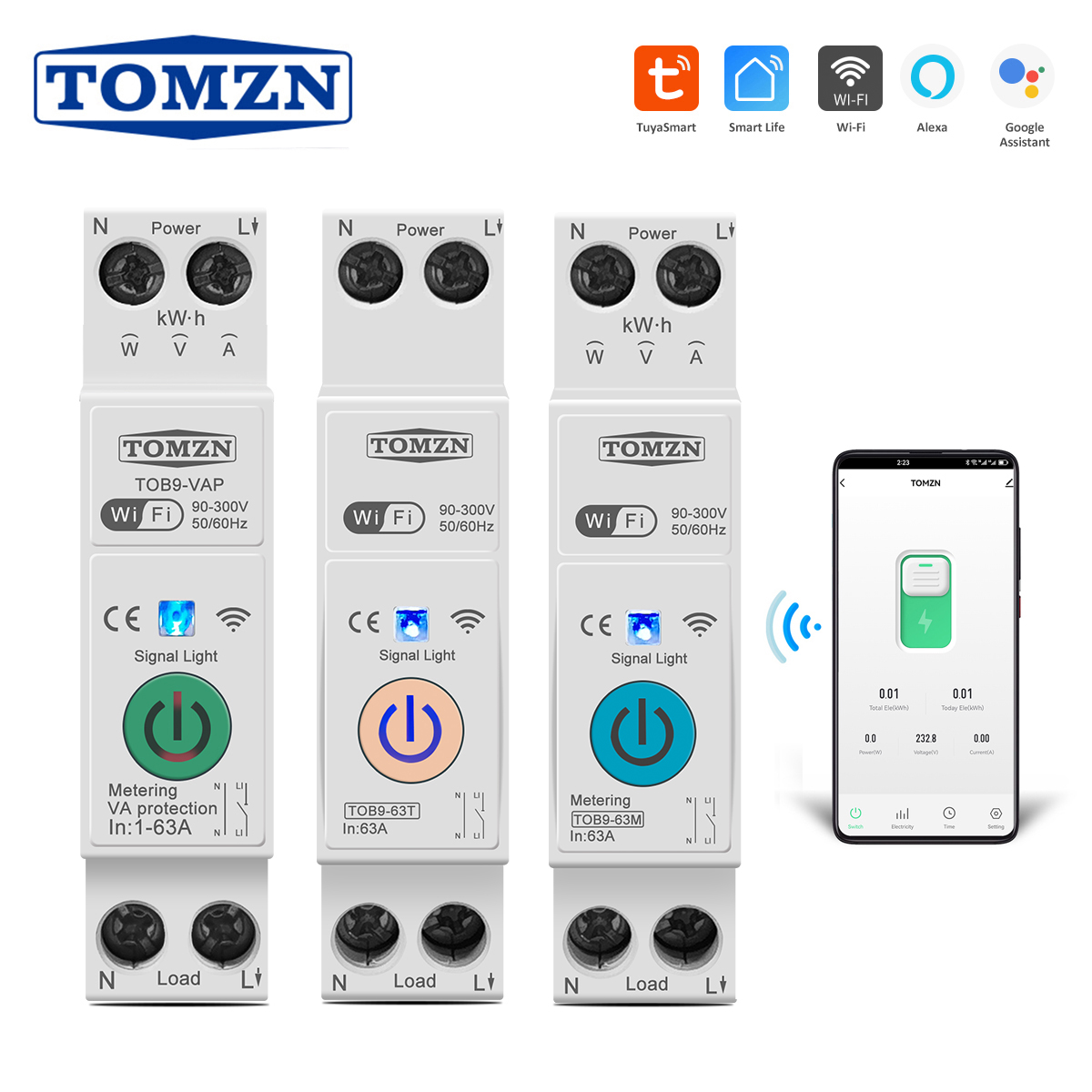 TOMZN 63A 1P N WIFI スマートスイッチエネルギーメーター Kwh 計量監視サーキットブレーカータイマーリレー MCB TUYA Smartlife