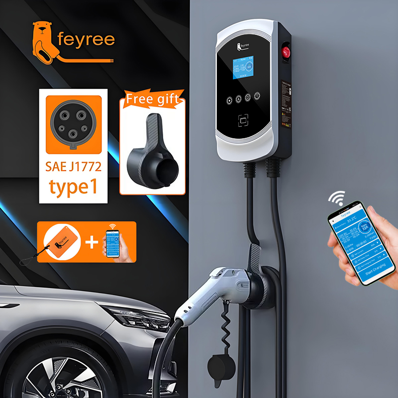 Feyree EV 充電器 Type1 ケーブル J1772 ソケット 32A 40A 50A 単相 EVSE ウォールボックス充電ステーション APP 制御電気自動車用