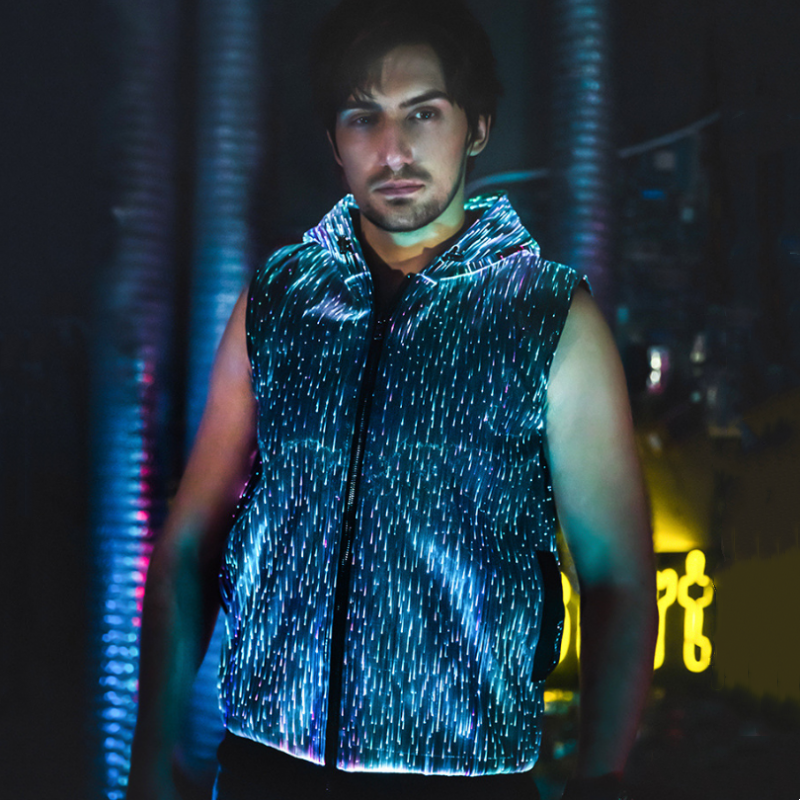 男性 LED カラフルな発光ノースリーブジャケット Y2K ハイストリート光ファイバー生地ベストナイトクラブ Costume Techwear トップス
