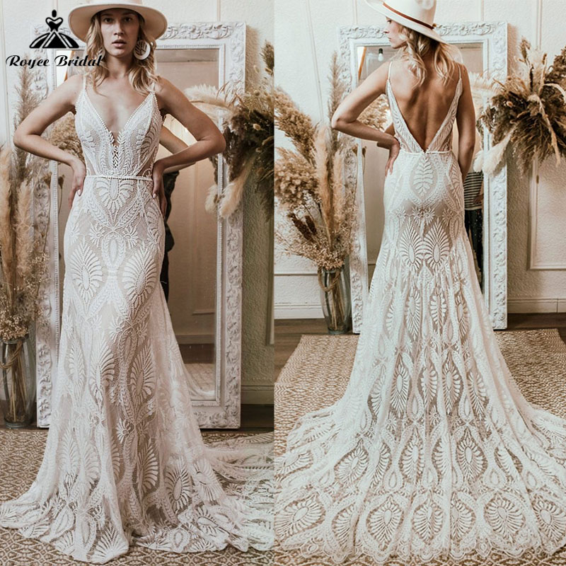 Vestido ボヘミアンウェディングドレス V ネックレース自由奔放に生きるスパゲッティストラップ背中の開いたビーチブライダルドレス Vestido デノビアカスタマイズ 2025