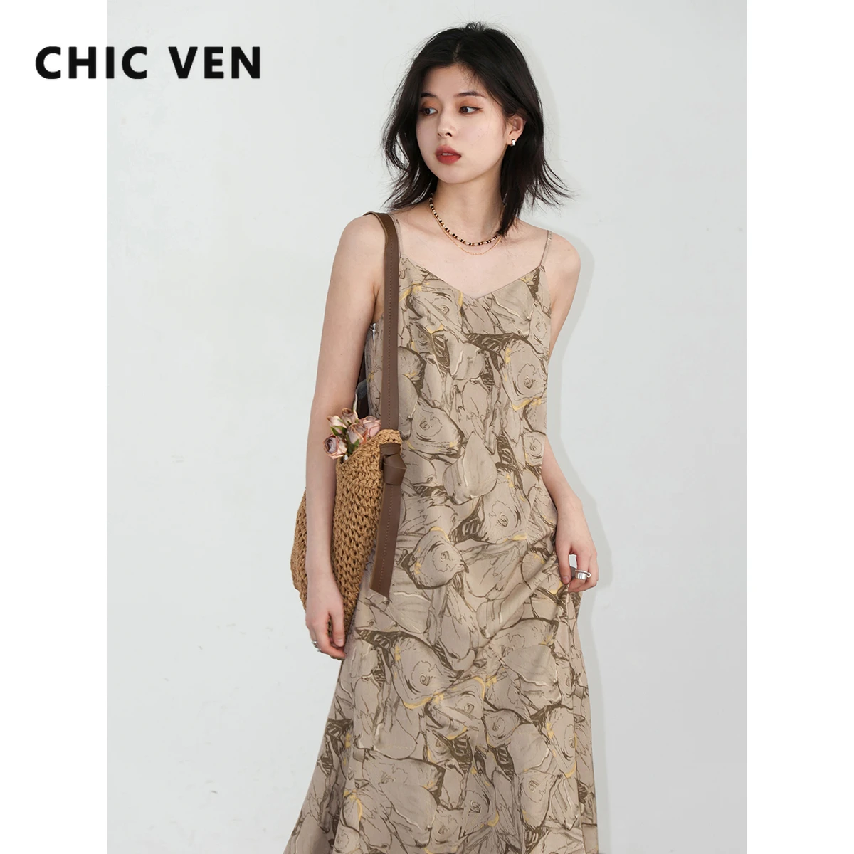 シック VEN 女性ドレス新レトロ V ネックプリントキャミソールドレスノースリーブプルオーバーロングスカートビーチ休暇夏 2024