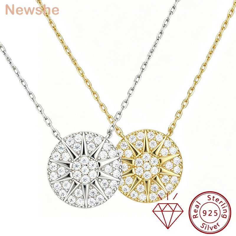 Newshe ソリッド 925 スターリングシルバーモアッサナイトサンバーストペンダントネックレス 14 K ゴールドメッキ可憐なチェーン女性ジュエリーギフト