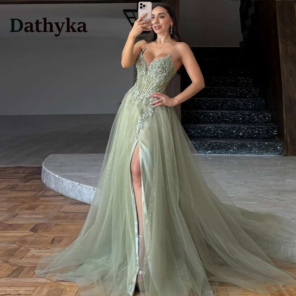 Dathyka グラマラス A ラインイブニングドレス女性のためのイリュージョンスパンコールアップリケスリットコルセットウエディングドレス Vestido デ ガラカスタマイズ