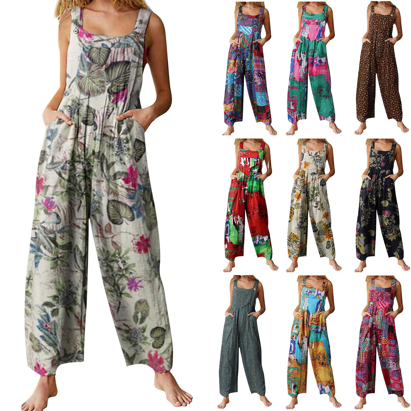 Plus Size Friendly Loose Fit Hippie Printed Jumpsuits Women Sleeveless Overalls With Deep Side Pockets Daily Streetwear Bohemian