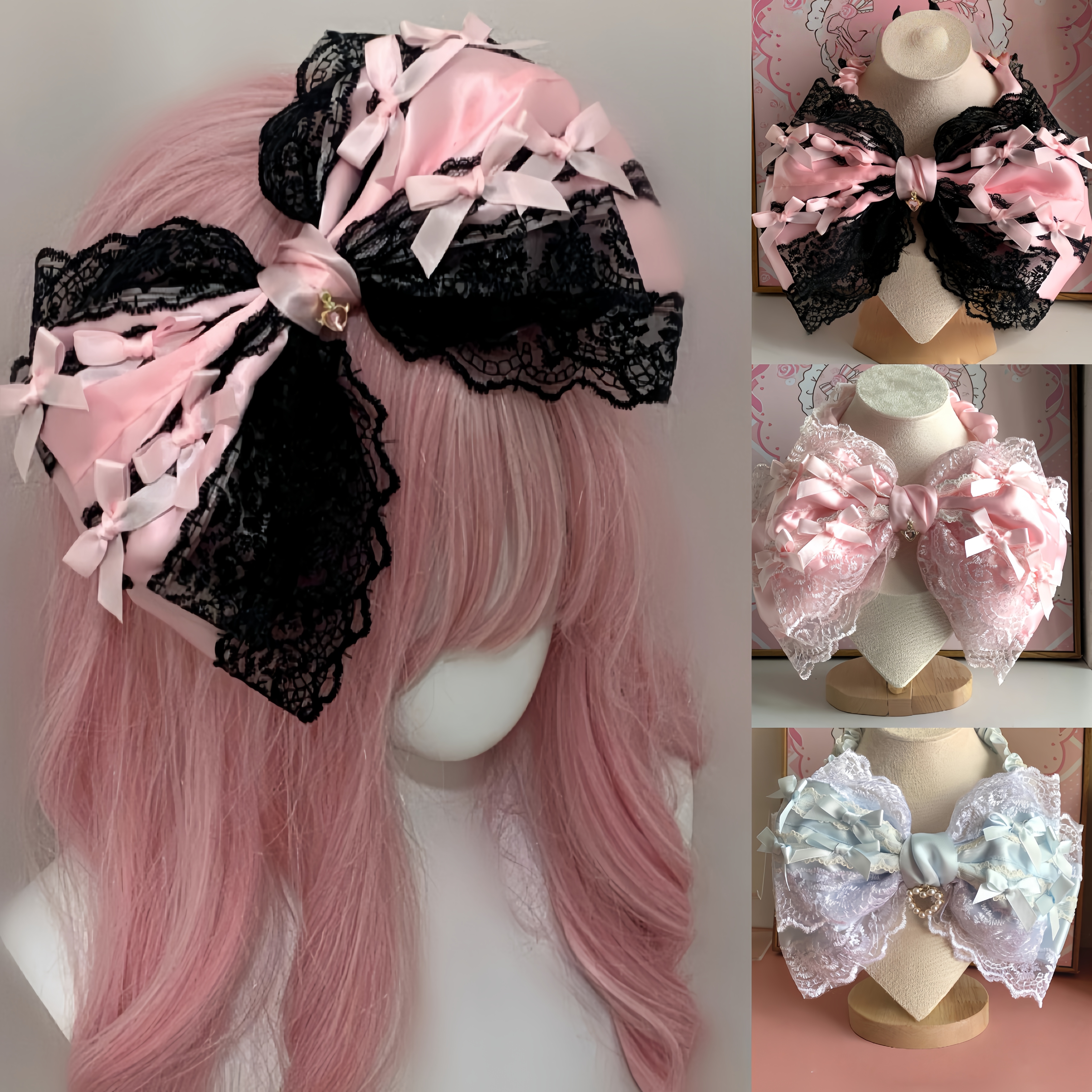 28 センチメートル手作り人形フリルピンクレースヘッドバンドロリータゴシック Multilayes Y2K ガール原宿ヘアバンドプリンセス KC ヘアアクセサリー
