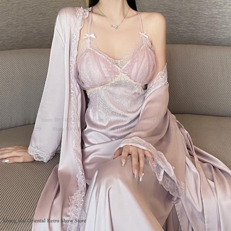 女性ロングローブネグリジェ 2 個セットセクシーなパッチワークレースナイトドレスホームウェアバスローブ春夏新パジャマ部屋着