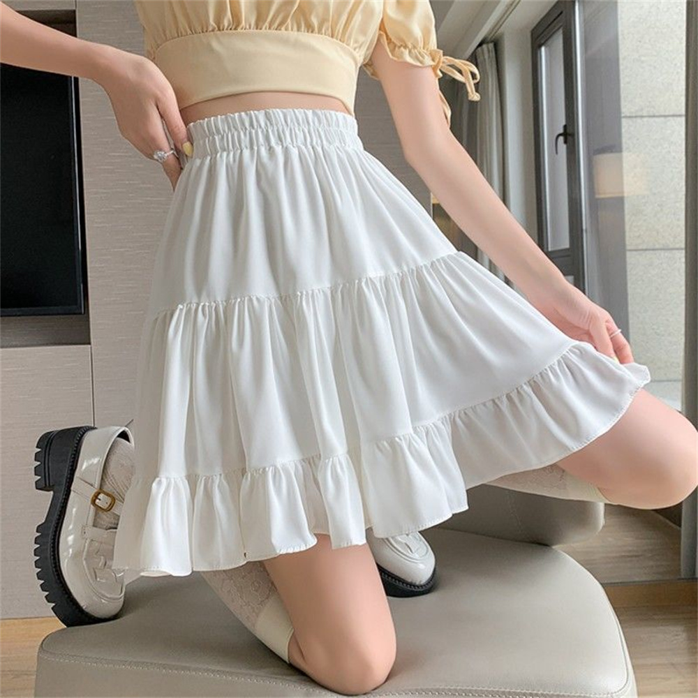 夏の新白シフォンスカートハイウエスト A ライン薄いフリルプリーツ半身スカート韓国ファッションストリートスカート女性のための