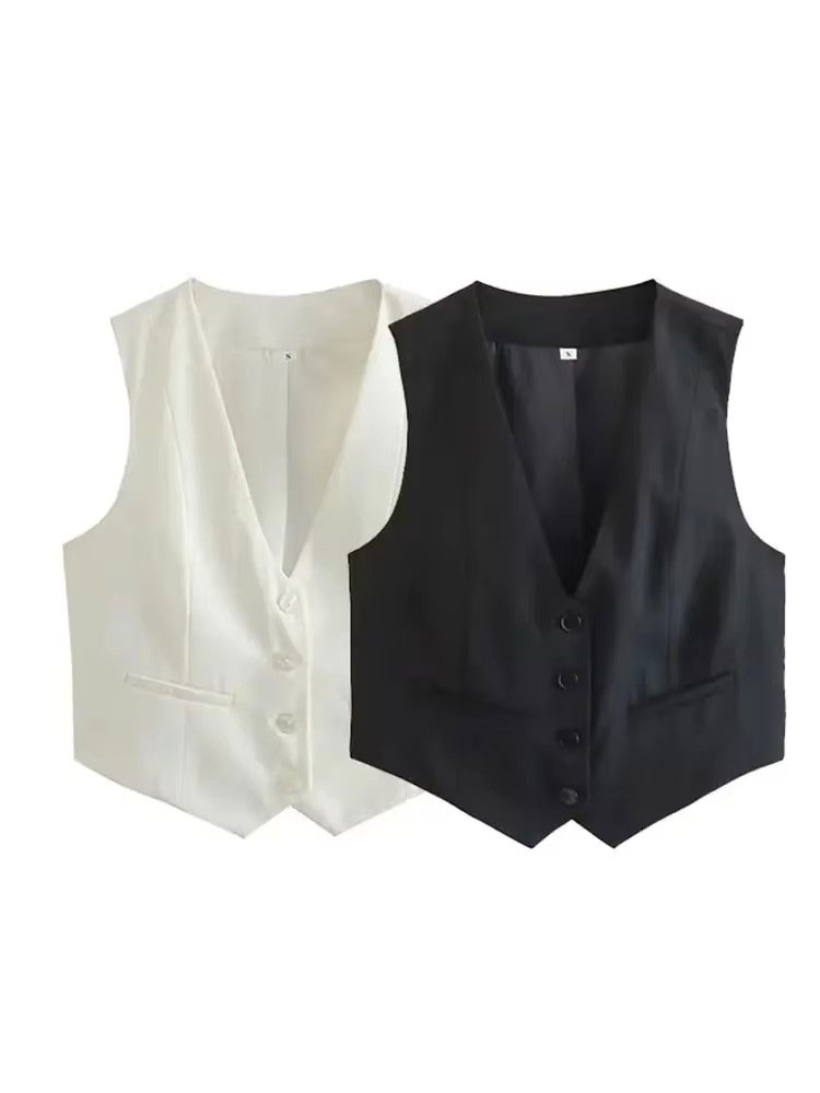 HH ファッション女性ベストノースリーブベスト女性のためのシックな V ネックシングルブレストレディースエレガントな白チョッキトップス