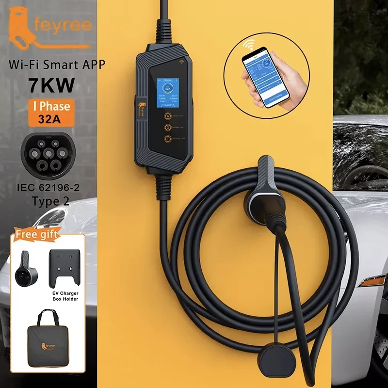 Feyree EV 充電器 Type2 32A 7kW 急速充電スマート APP Wi-Fi 制御ポータブル充電ボックス ホルダー付き電気自動車充電器用
