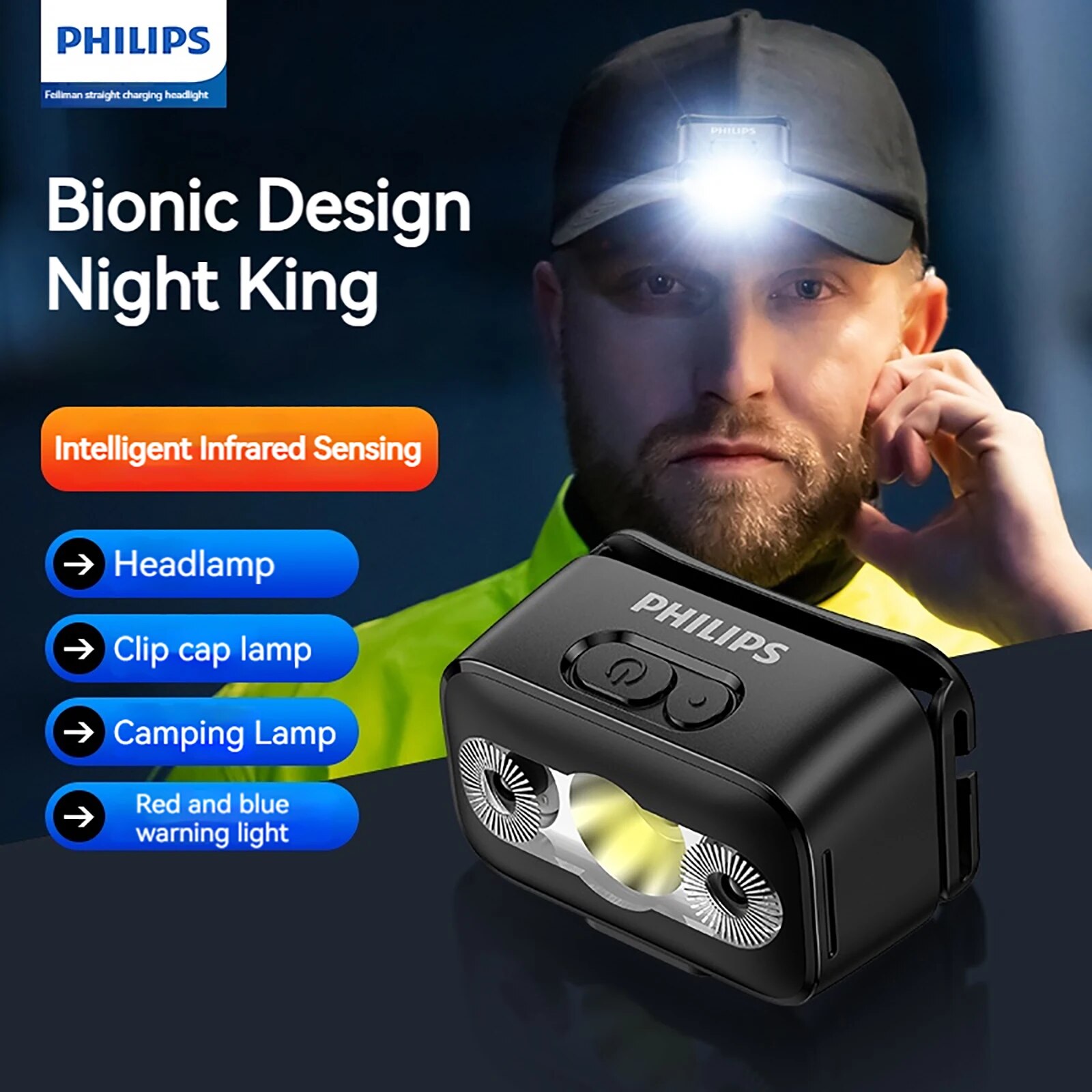 PHILIPS LED ヘッドランプ センサーヘッド懐中電灯 10種類の照明 Type-C 充電式ヘッドライト アウトドア キャンプ 釣りランタン