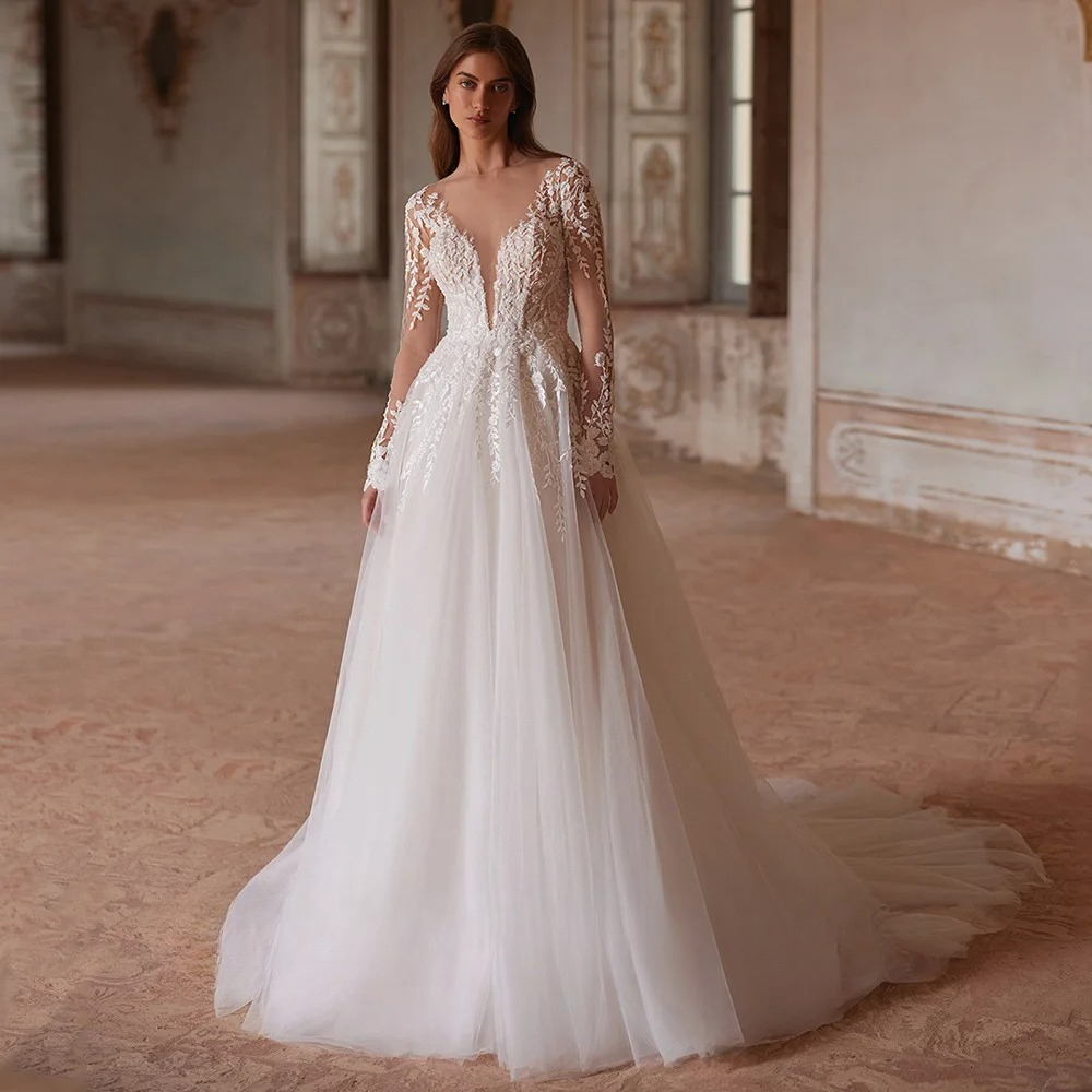 Luxury A-line Wedding Dresses for Bride Customized V Neck Long Sleeves Sequined Applique Sweep Train Bridal Gown Robe Mariee