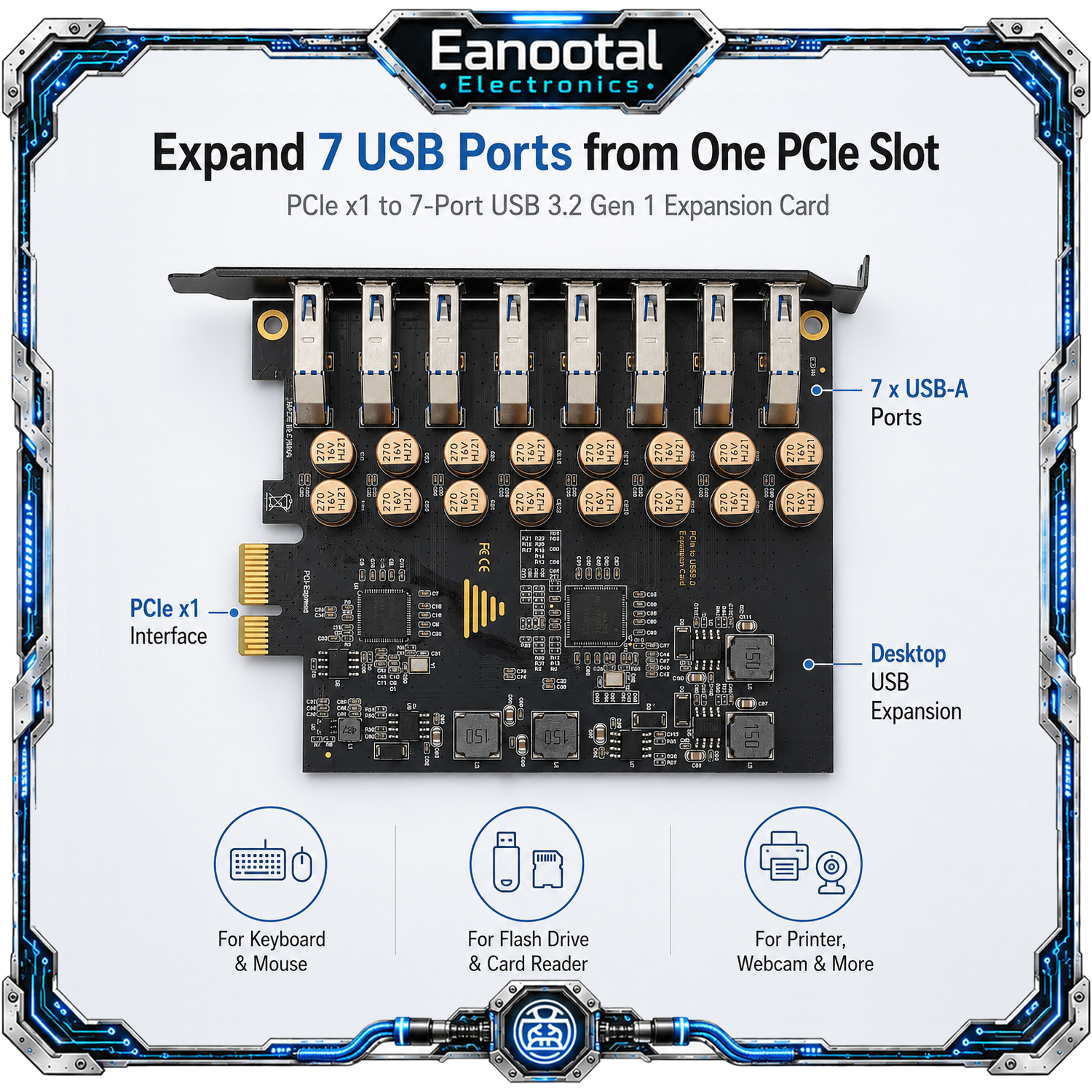 7ポートUSB 3.0 PCIeカード、PCI Express X1 - USB-A拡張アダプター（5Gbps、デスクトップコンピュータ用）
