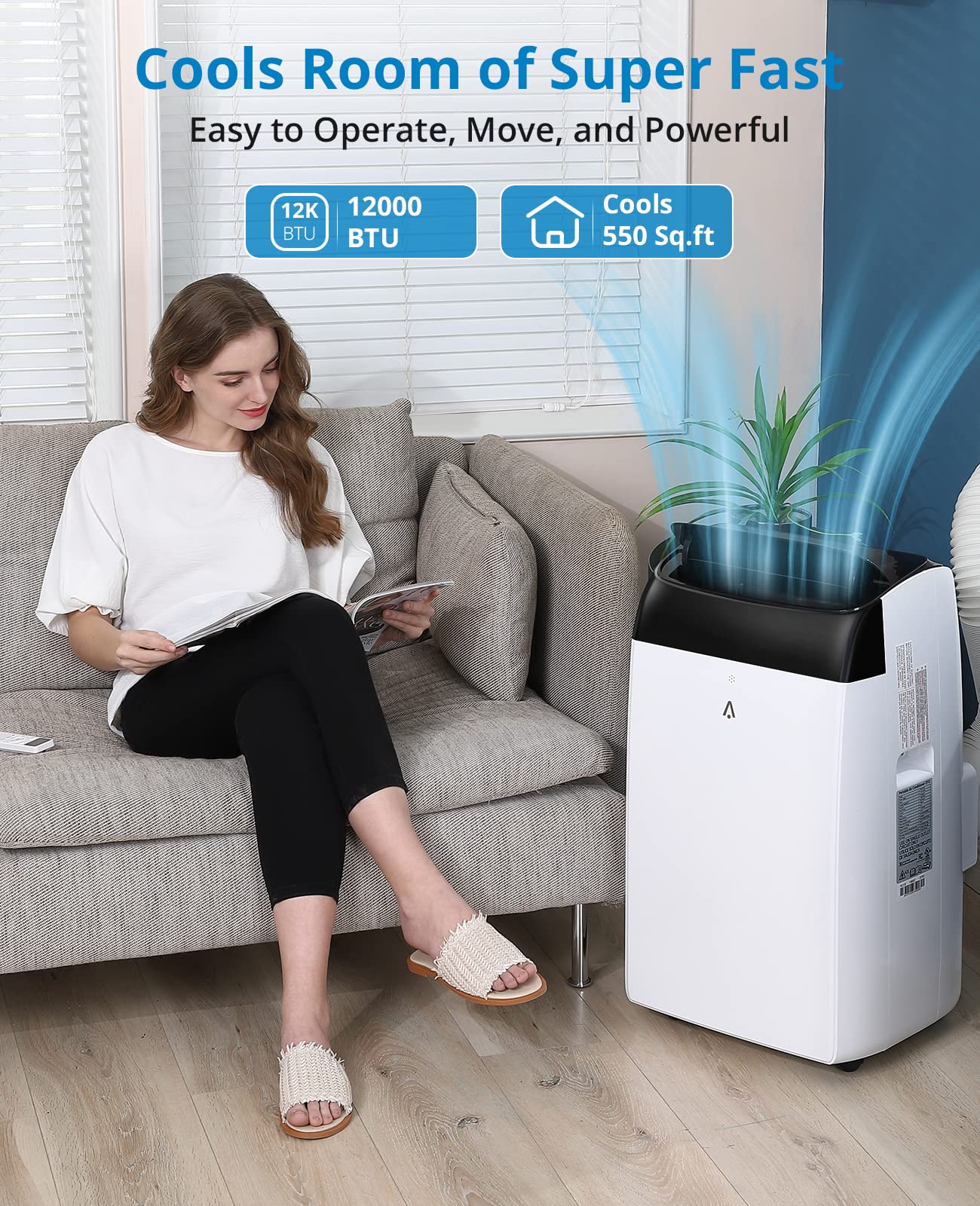 12000 BTU ポータブルエアコン リモコン付き、ポータブル AC 750 平方フィートの部屋まで冷却、ファンおよび乾燥機能付き、静かな動作、ダブルモーター、スリープモード、省エネ、110-115V