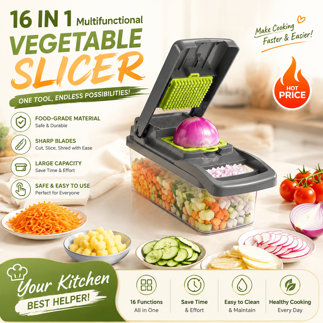 16 in 1 多機能野菜スライサー マンドリンカッター フードチョッパー おろし器 キッチンオニオンサラダポテト用コンテナ付き