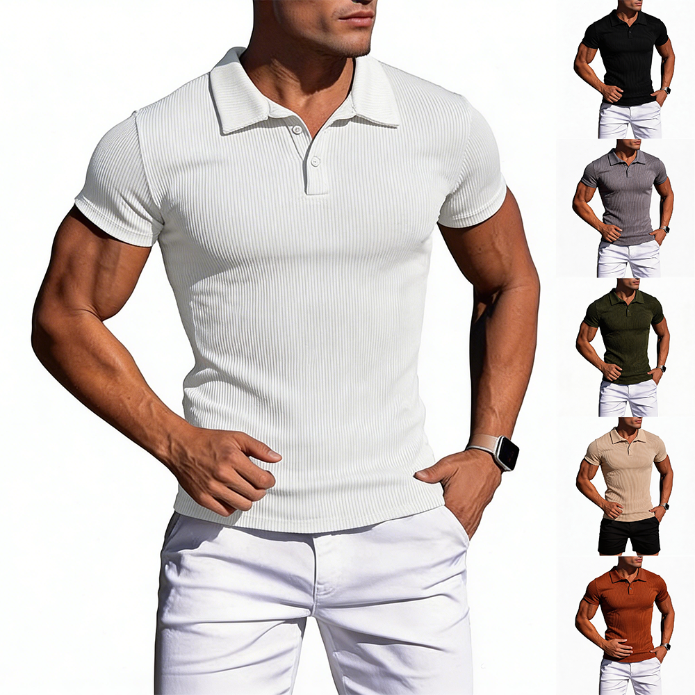 夏のメンズスリムフィットポロシャツ半袖ストレッチ Tシャツレトロラペルストライプニットカジュアルスタイリッシュなゴルフワークアウト Tシャツ 5XL