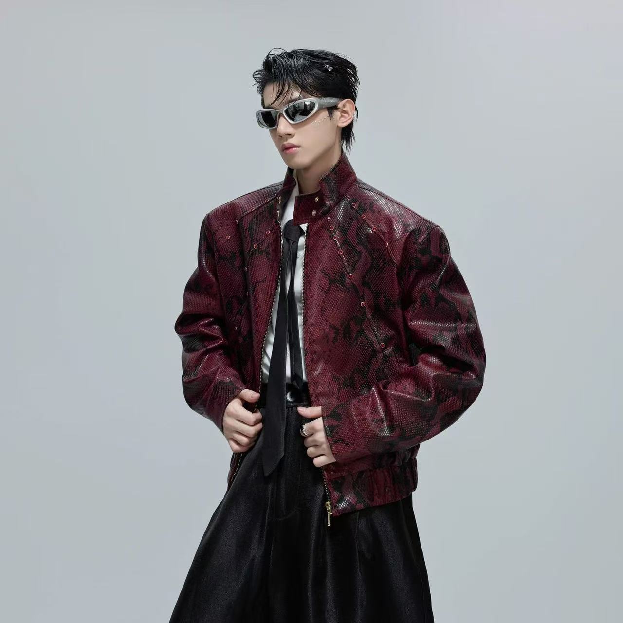 Men's PU Leather Jacket 2026 Zipper Stand Collar Python pattern Korea Fashion Darkwear Male Tops Casual Coat