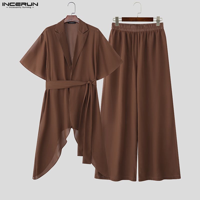 INCERUN メンズ セット ソリッド カラー シースルー ラペル 半袖 イレギュラー シャツ