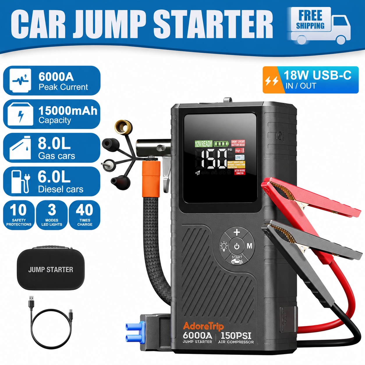 AdoreTrip 6000A 車用ジャンプスターター エアコンプレッサー付き 最大 150PSI、ポータブルパワーバンク、スマートディスプレイ付きバッテリージャンプスターター