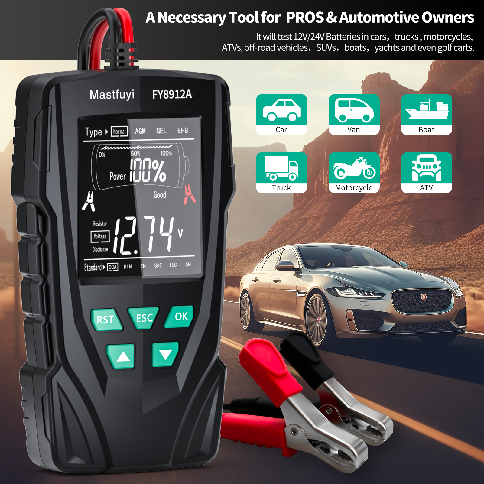 MASTFUYI FY8912A 車自動車バッテリーテスター 12/24V バッテリーシステムアナライザー 50-2000CCA 充電クランキング診断ツール
