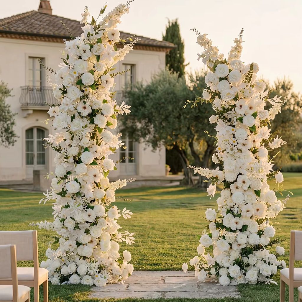 芝生の結婚式のアーチ花高級白バラデイジー蘭グリーニーシルクフラワーアーチ盗品セット結婚式の背景の装飾